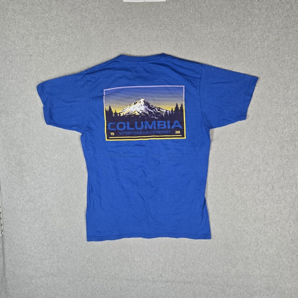Columbia Men Shirt M Blue Graphic Mountain Landscape Outdoor Logo Short Sleeve